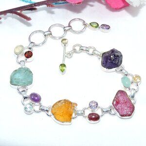 Raw Multi Gemstone Bracelet, 925 Sterling Silver Bracelet, Women Jewelry